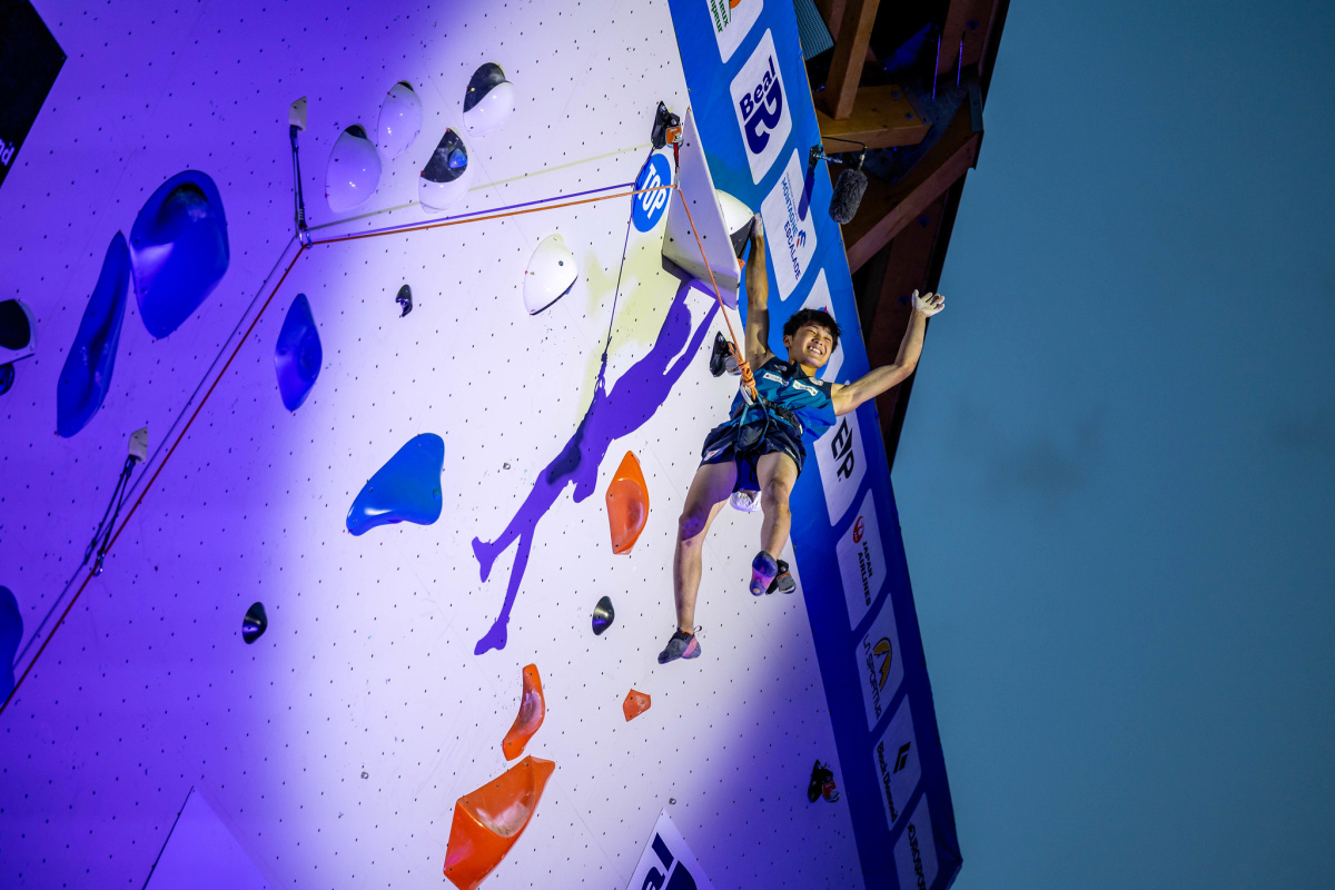 Sorato Anranku winning Gold in Briancon having led all the way through the competition. Photo: Jan Virt / IFSC