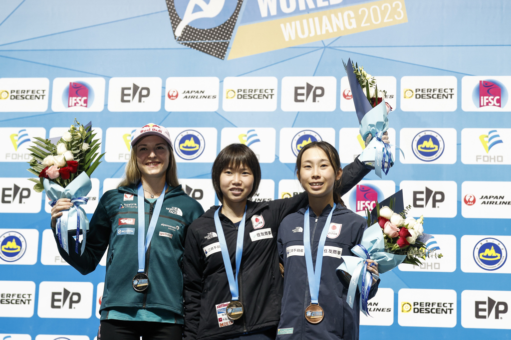 Women’s podium at Wujiang. Photo: Dimitris Tosidis/IFSC