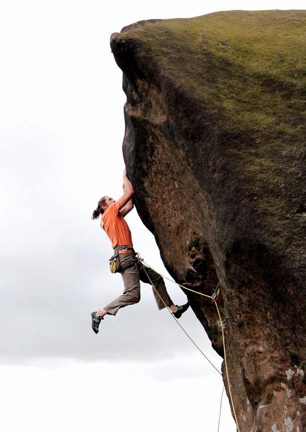 Andi Turner making the second ascent of Boom Bip (E7 7a) at Ramshaw in Staffordshire. Photo: David Simmonite