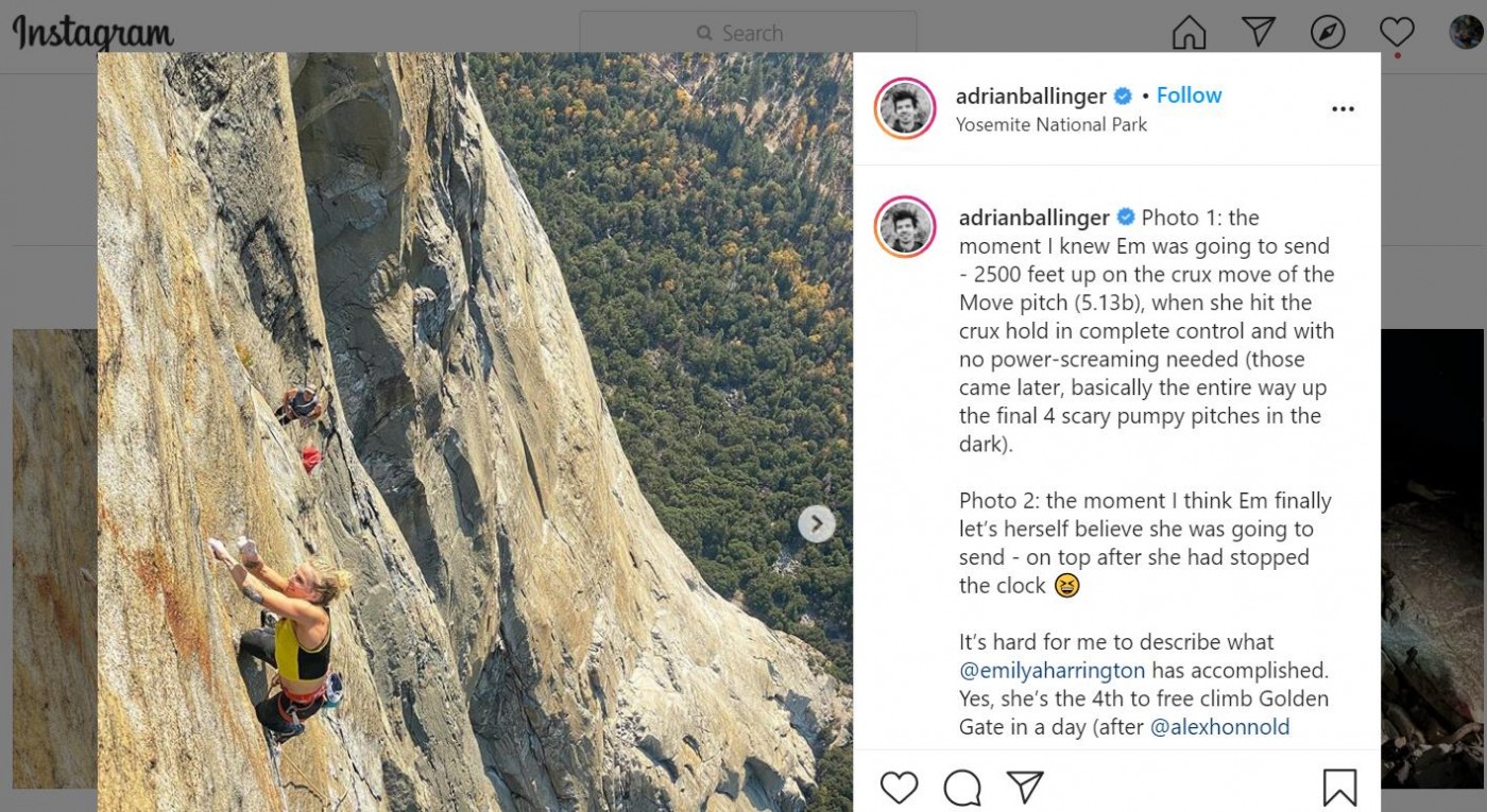 Emily climbing the crux of the Move pitch (5.13b) some 2,500 feet up on El Capitan; Adrian Ballinger’s Instagram page.
