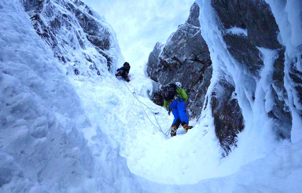 Climbers on the ‘Rogue Pitch’: Point 5 Gully (V,5), Ben Nevis. Photo: © Wes Hunter