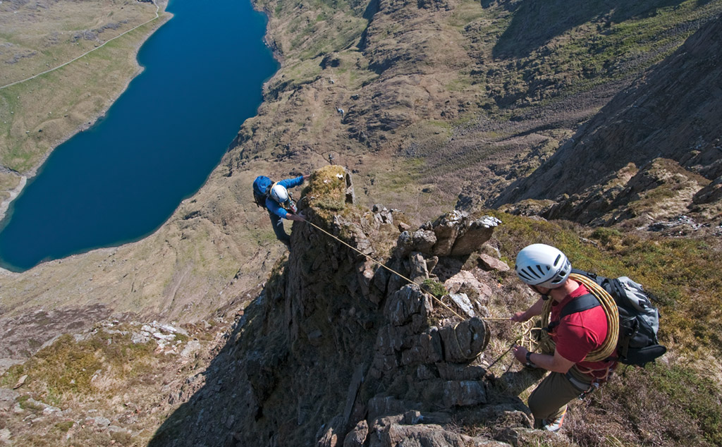 Tim Neill and Ric Potter taking it cautiously on Lliwedd's Billberry Terrace (III+). Photo: Garry Smith