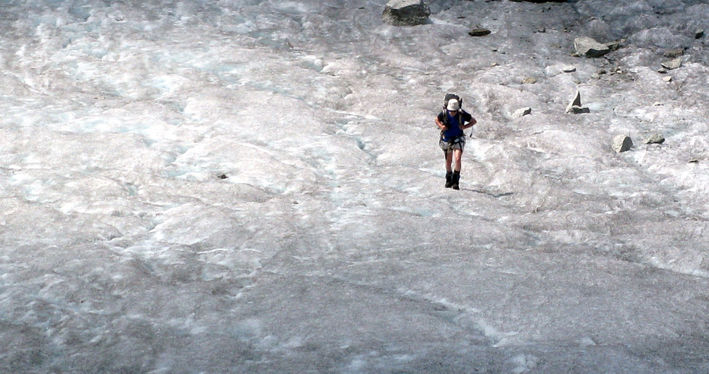 Paul walking up the Mer de Glace with a sunbeam on him taken a few days earlier. Photo: Stewart Moody