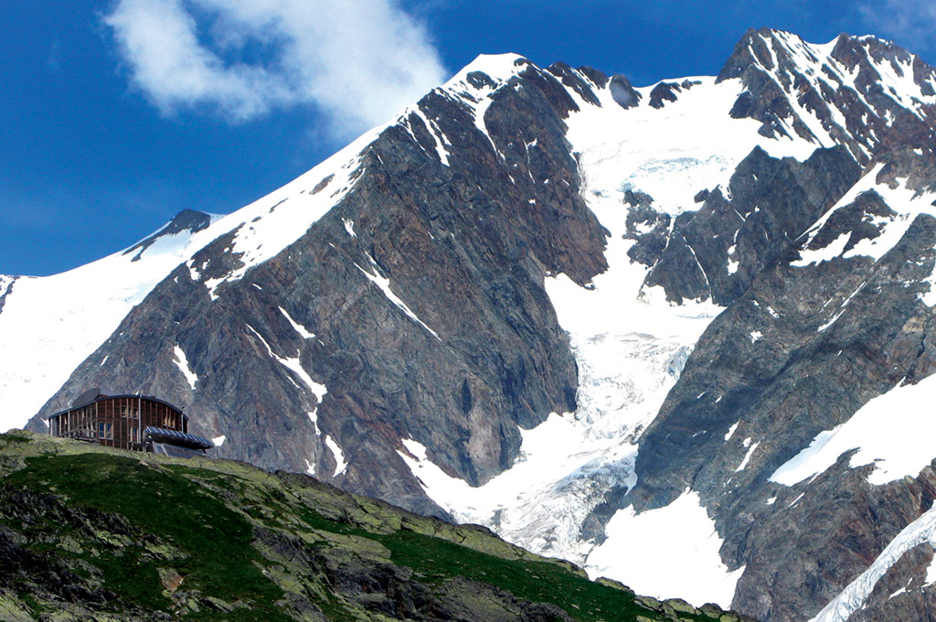 The Conscrits Hut with the Aiguille du Chardonnet behind. Photo: Stewart Moody