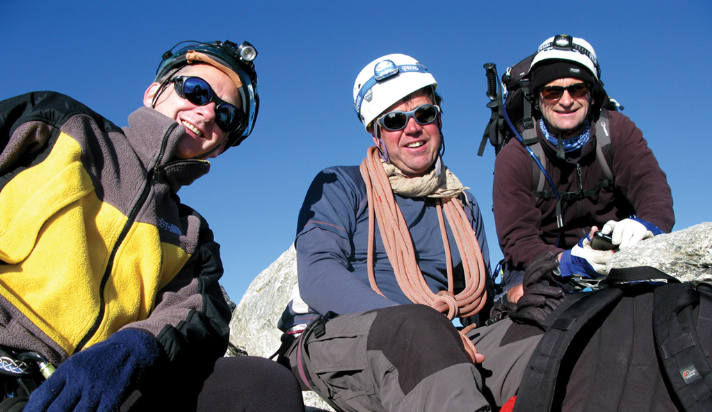 Paul, Olly and Phil on the summit of Aiguille du Tour a few days before. Photo: Stewart Moody