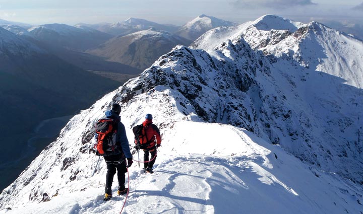 John Richmond and Scott Flett descending Meall Dearg towards The Pinnacles of Aonach Eagach.