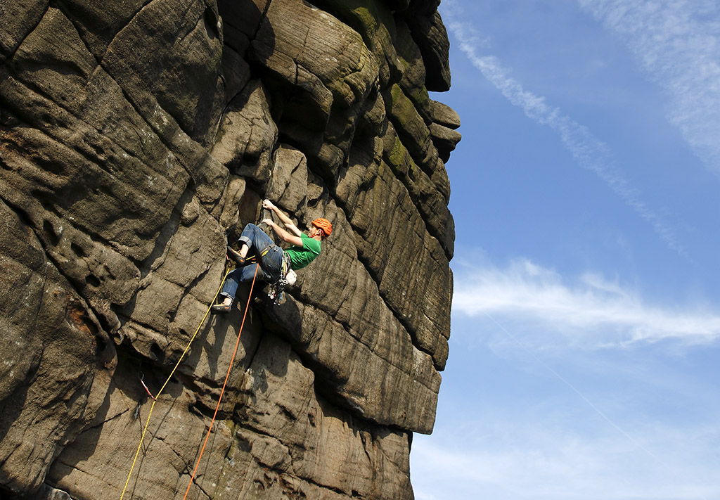James Turnbull enjoying one of Joe Brown's classic routes, The Rasp (E2 5b) at Higgar Tor. It's certainly no push over even today. Photo: © David Simmonite