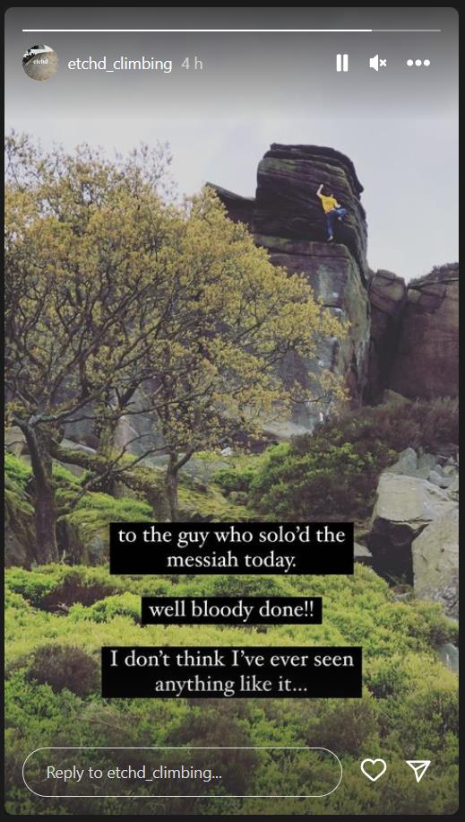 Mystery climber caught soloing Messiah. Screen grab: @etchd_climbing