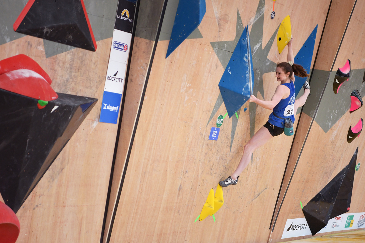 Louise Flockhart taking the bronze at the 2023 British Bouldering Championship. Photo: Keith Sharples