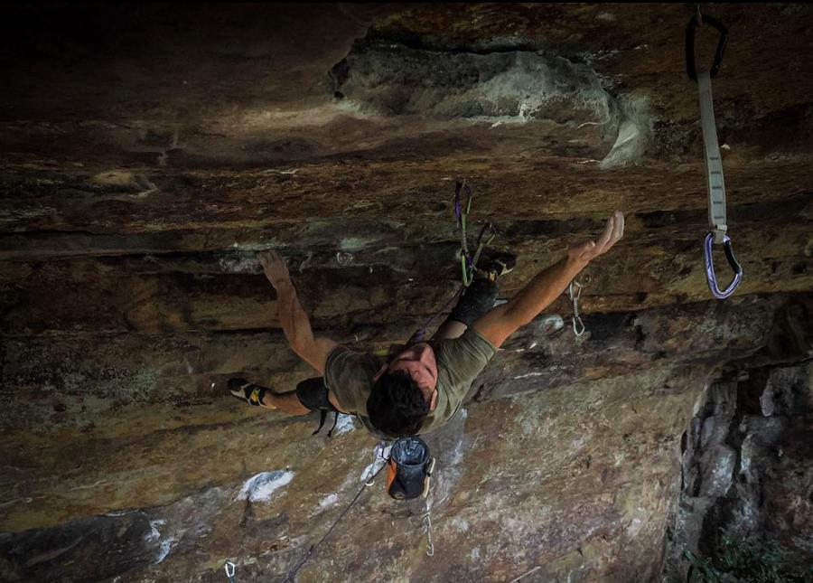 Ryan Sklenica making the first ascent of Hartkäse, Australia's first F9a+/36 in early August. Photo: Instagram/Lachlan Norris (@nozzar._)