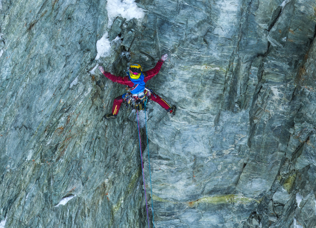 Franz Cazzanelli on the first ascent of ‘Una Follia per Adriana’ – The Great Dihedral of The South Face, The Matterhorn. Photo: Damiano Levati / Storyteller Labs