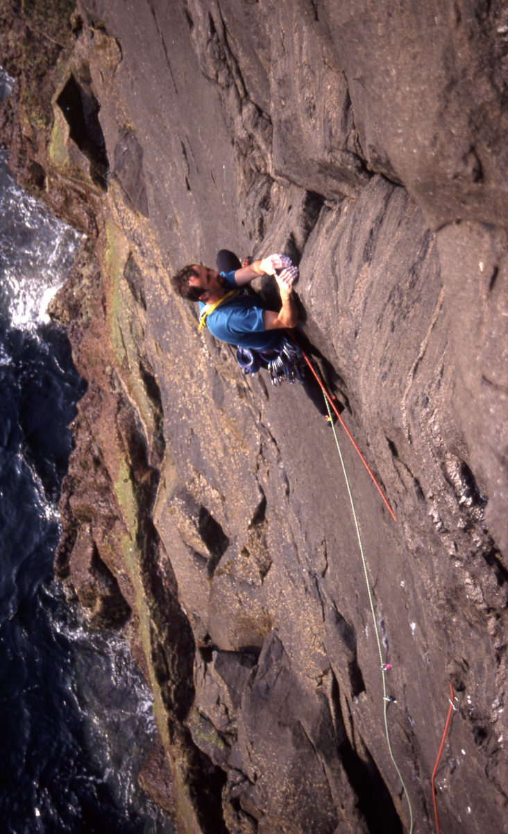 Kevin Howett on the first ascent of Silk and Stubble, Mingulay. Photo: Kevin Howett Collection