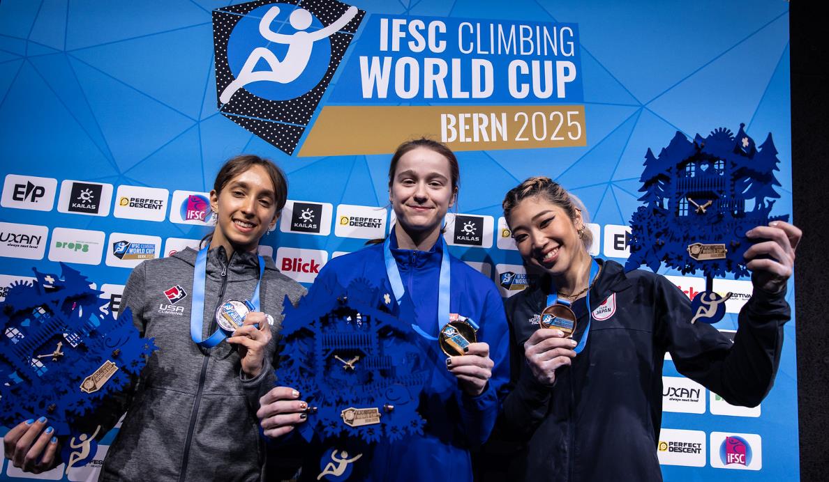 The women's podium in Bern with Erin McNeice taking gold. Photo: IFSC