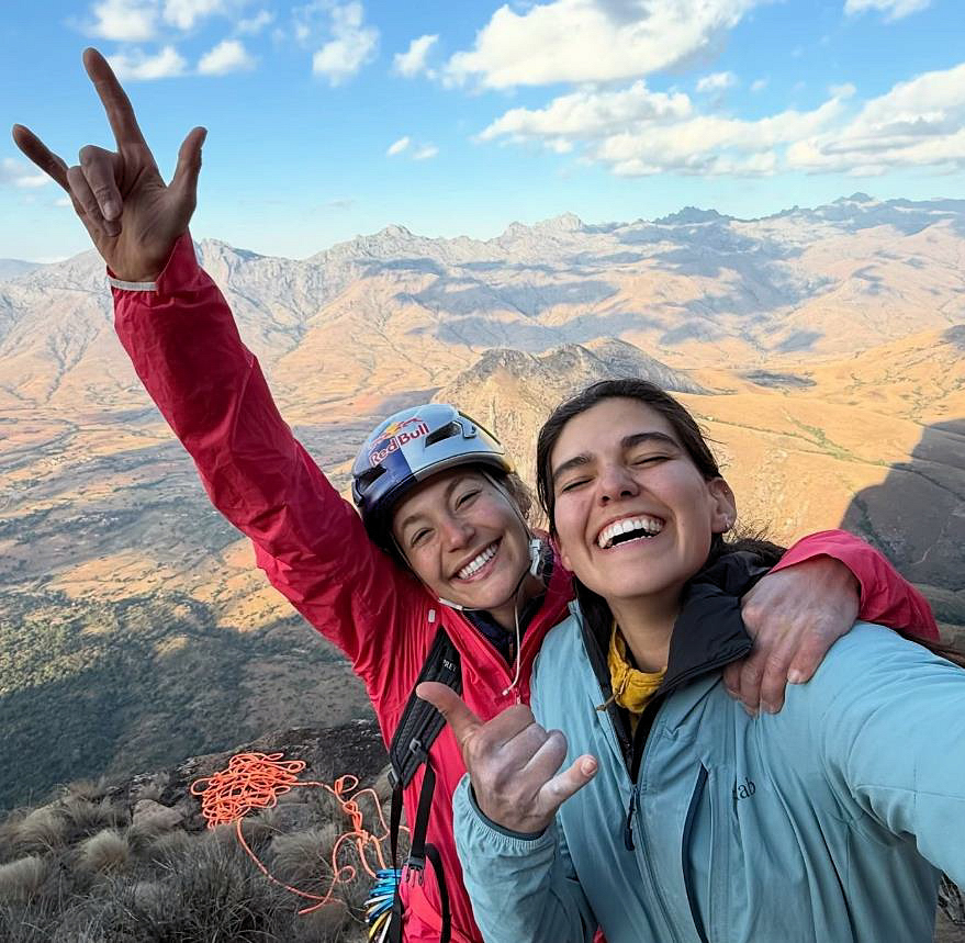 Sasha DiGuillian and Marianna Ordóñez having succeeded on the first female ascent of Bravo Les Filles (F8b). Photo: Instagram