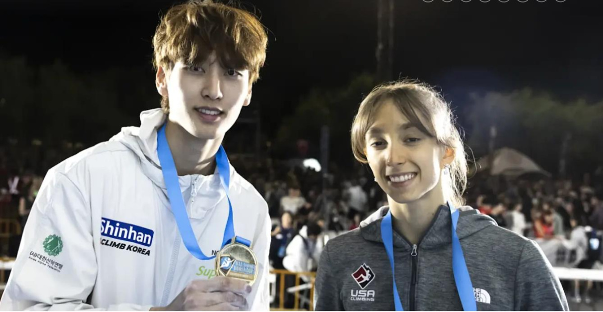 Dohyun Lee and Annie Sanders win their first gold Lead medals in Madrid. Photo: IFSC