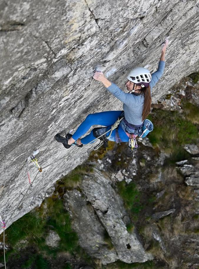 Emma Twyford making the third ascent of Yma O Hyd (E10 7a), Skyline Buttress. Photo: DMM/Ray Wood/Instagram