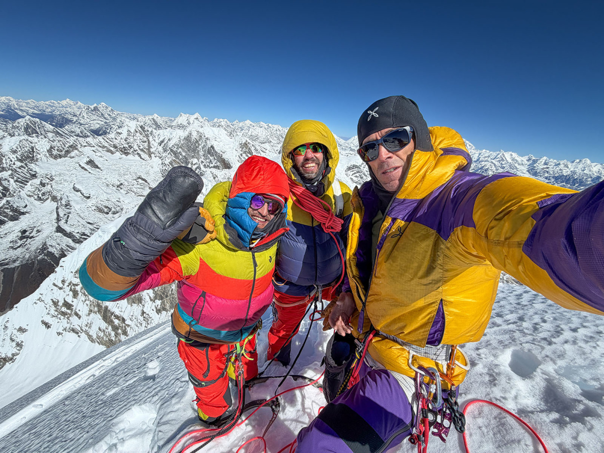 Hervé Barmasse, Felix Berg and Adam Bielecki on the summit of Numbur Peak. Photo: Hervé Barmasse