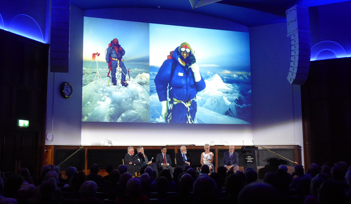 Mike Thompson, Martin Boysen, Pertemba Sherpa, Chris Bonington, Julie Summers and Paul Braithwaite talking at the Everest 50 lecture. Photo: Noel Dawson