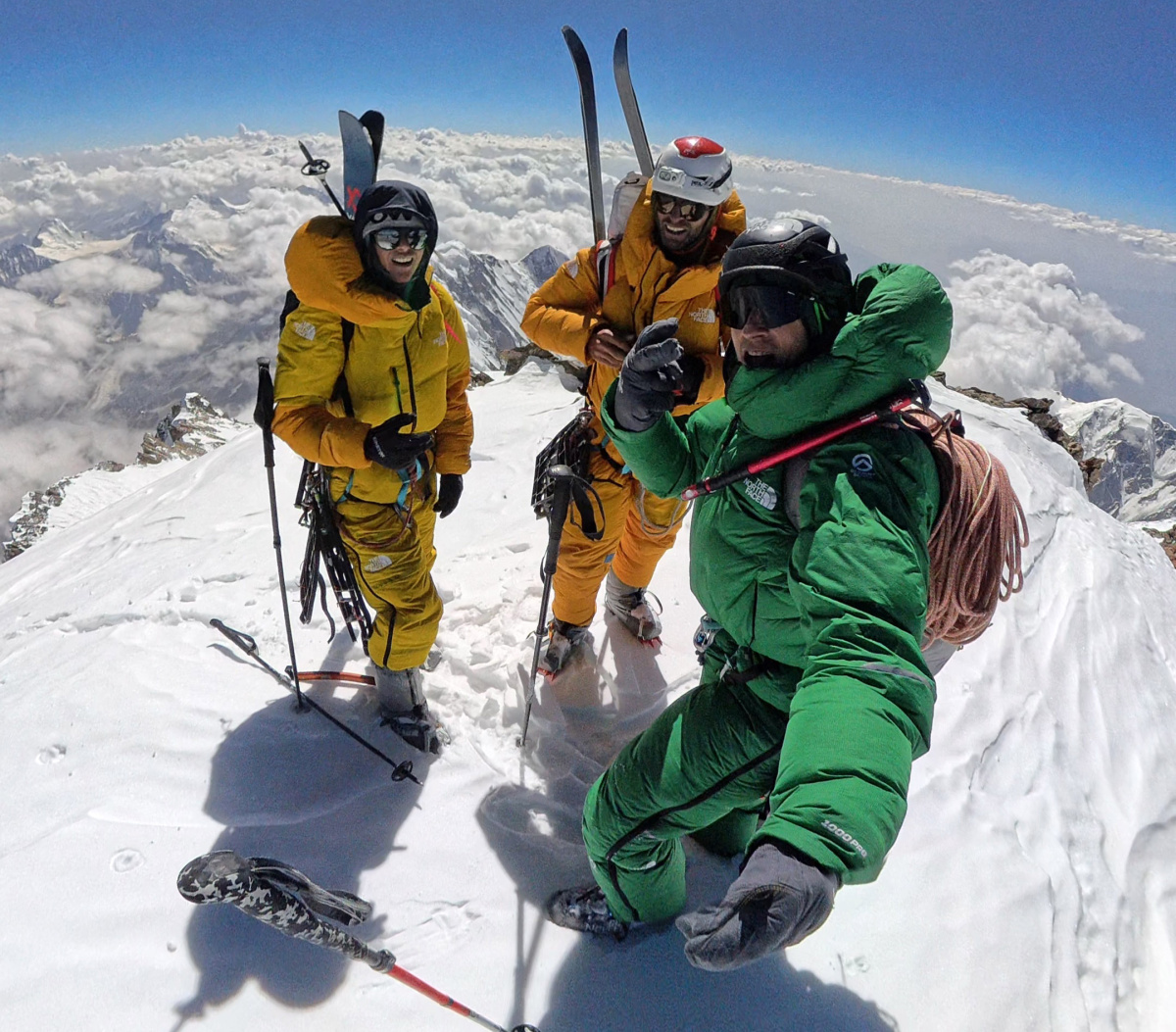 David Göttler, Tiphaine Duperier and Boris Langenstein on the summit of Nanga Parbat. Photo: © David Göttler