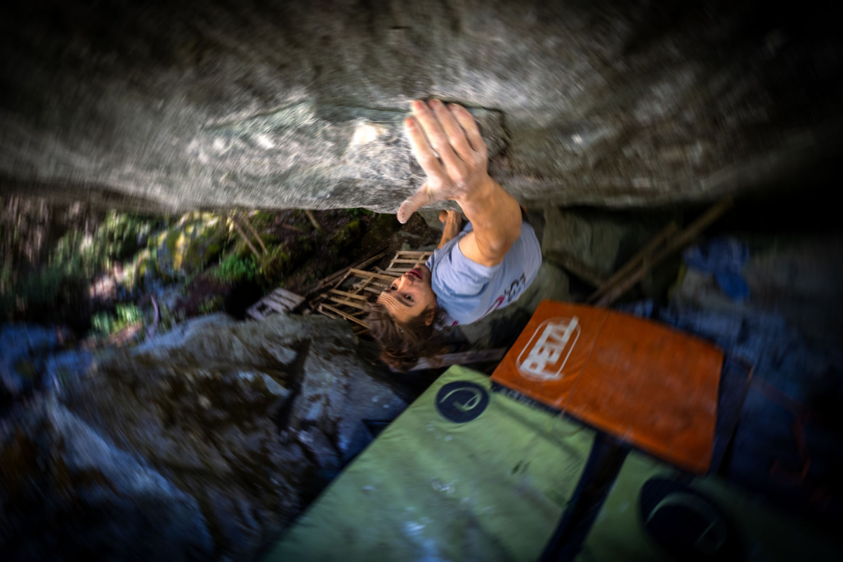 Pietro Vidi climbing Permanent Midnight Low (Font 8C+).