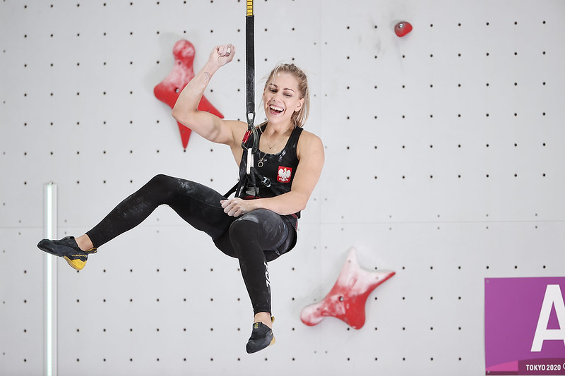 Aleksandra Miroslaw of Poland after breaking the record in the speed secton of the Women's Combined Final. Photo: © Dimitris Tosidis/IFSC