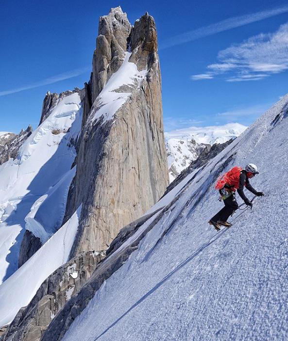 Alex climbing the South Face of Cerro Pollone. Behind Honnold is Piergiorgio, with their route of ascent Esperando la Cumbre facing the camera. Photo: Colin Haley (Instagram)