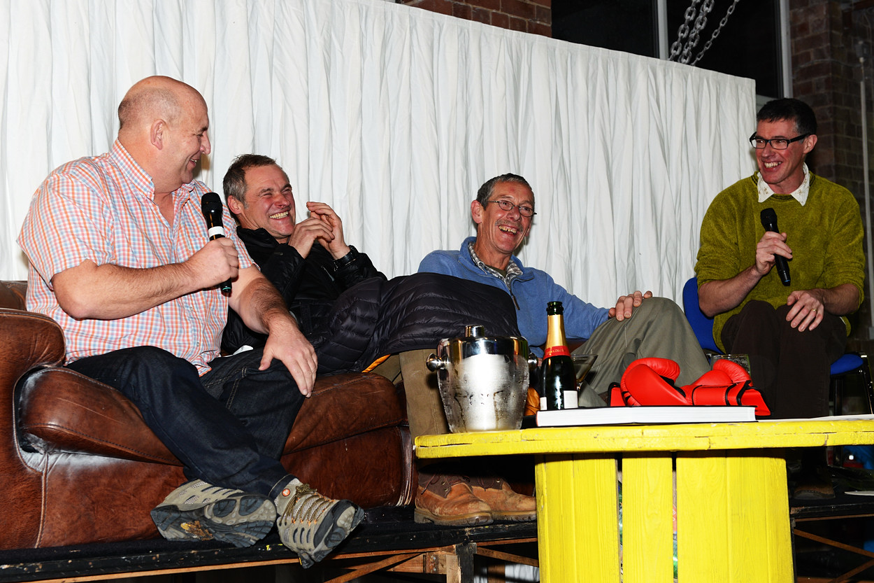 John Allen, The Entertainer, holding fort at the launch of Peak Rock in December 2013. John’s dry wit was legendary too; Jerry Moffatt, Ron Fawcett and Niall Grimes are all under his magical spell. Photo: © Keith Sharples