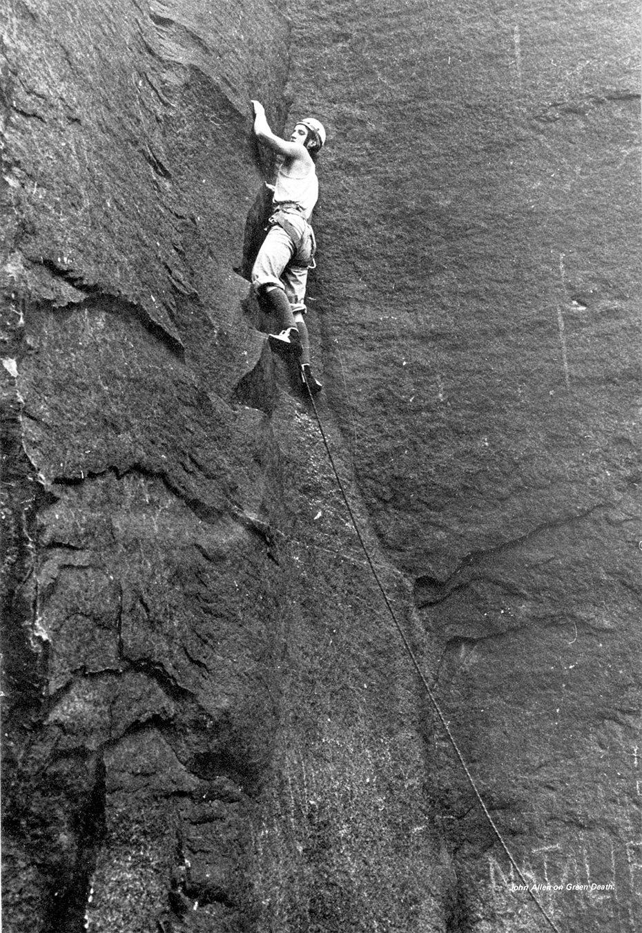 John Allen on Green Death at Millstone Edge, a route now graded E5 6b. Photo: © Geoff Birtles