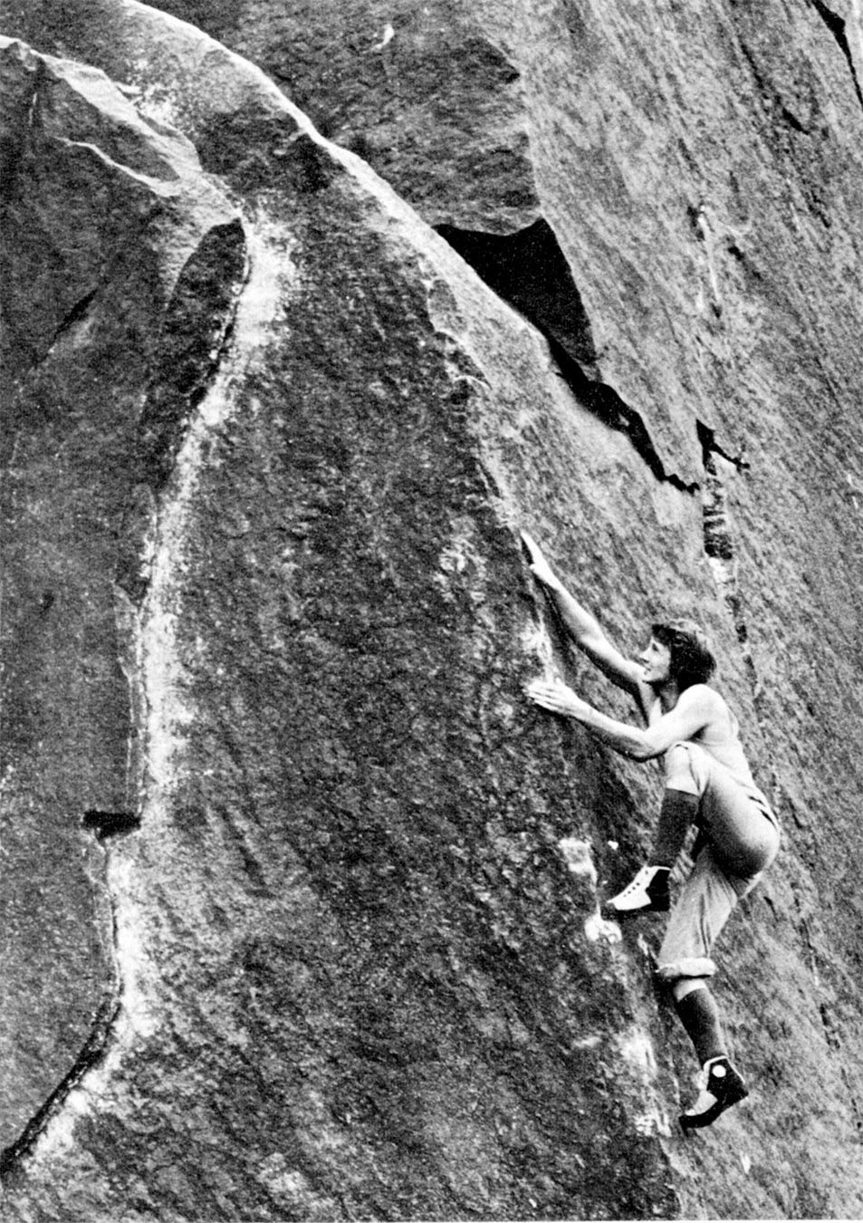 John Allen climbing Technical Master (V4) at Millstone Edge, then known as Problem Arête. Photo: © John Woodhouse and reproduced from Crags magazine