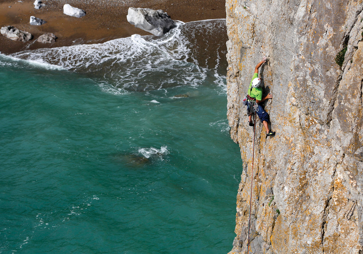 Yuji Hirayama tackles The Onion Eaters (E3 5c), a fine long pitch with an exciting finish in The Beach Area of Mowingword. Photo: © David Simmonite