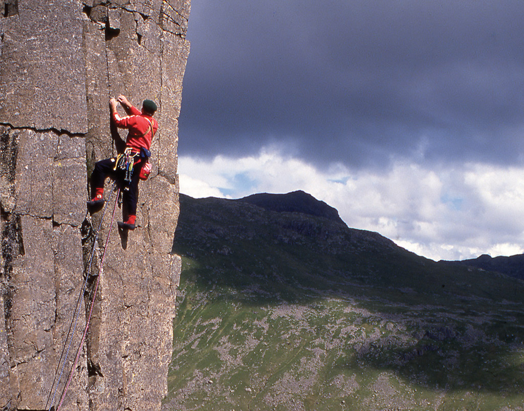 Renny Croft on the stunningly positioned upper pitch of Medusa Wall, Esk Buttress. Photo: © Ian Smith