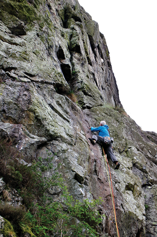 Stephen Coughlan on the second pitch of Gormenghast (E1 5a/b), Heron Crag, Lake District. Photo: David Simmonite