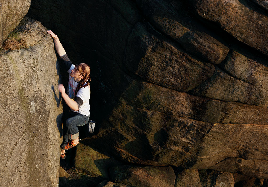 My Crazy Head is a technical little cracker at V3. Adam Chapman boulders it out. Photo: © David Simmonite