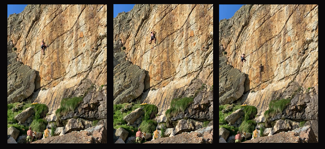 James Talyor on/off an earlier attempt of Prisoners of the Sun (E10 7a), Rhoscolyn. Photos: Mick Lovatt