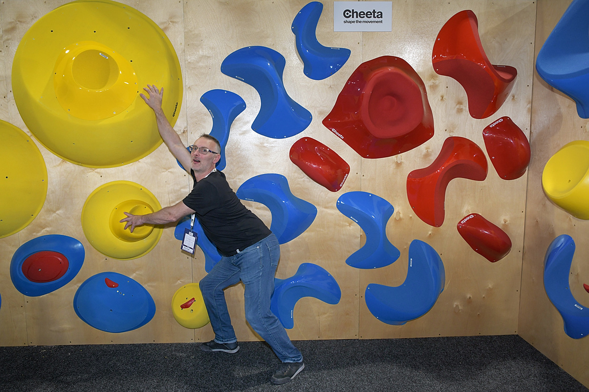 The Depot’s head hold/setting honcho, Rob Hague, all a lather given the holds on display; holds, holds, and more holds… in fact, seemingly walls full of holds - an unlimited variety for the delight of setters everywhere. Photo: Keith Sharples