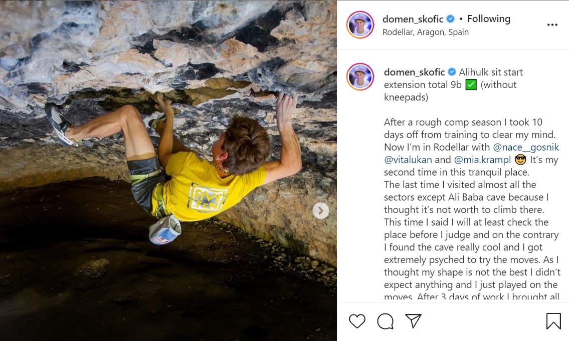 Domen Skofic climbing on Ali Hulk Sit Start plus Extension. Photo: @nace__gosnik/Instagram