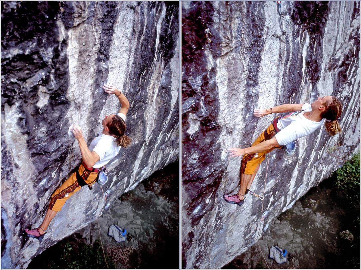 Steve McClure on Mutation: “A route designed for me”. The left-hand photo shows Steve leaving Evolution whilst the second shot shows Steve in the extreme position required for the so-called cross-over move. Photos: Keith Sharples