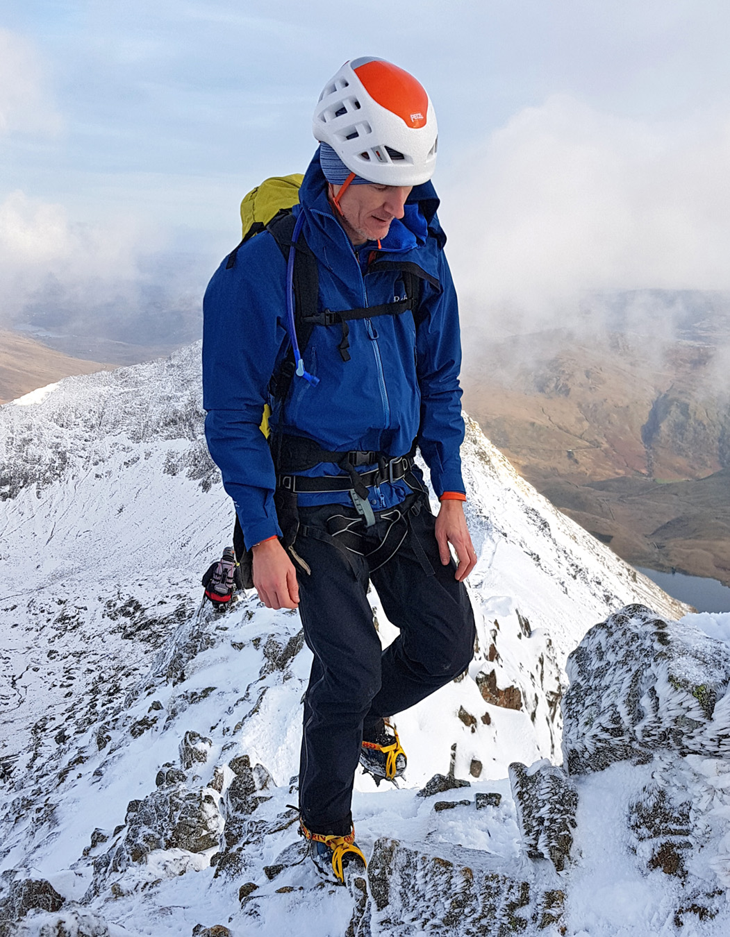 Stewart Moody testing the Rab Kangri GTX Pant in winter conditions in Snowdonia.